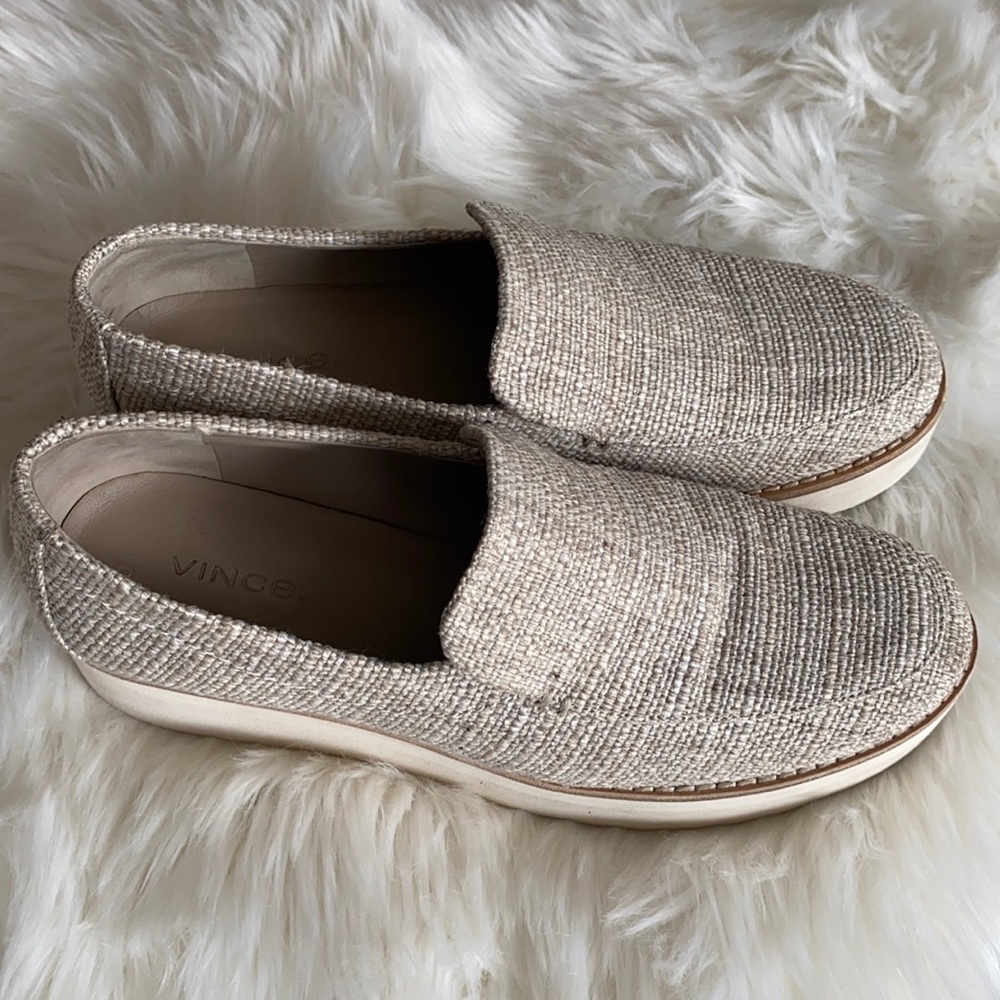 Vince Zeta platform loafers in a tan tweed